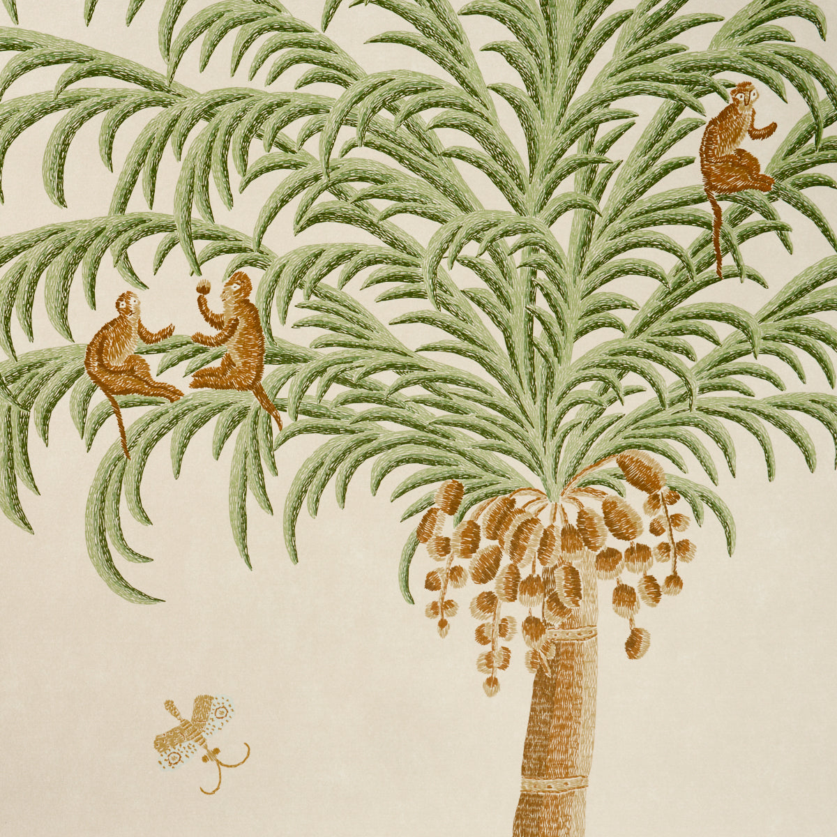 Beige tropical wallpaper featuring green palm fronds and playful brown monkeys.