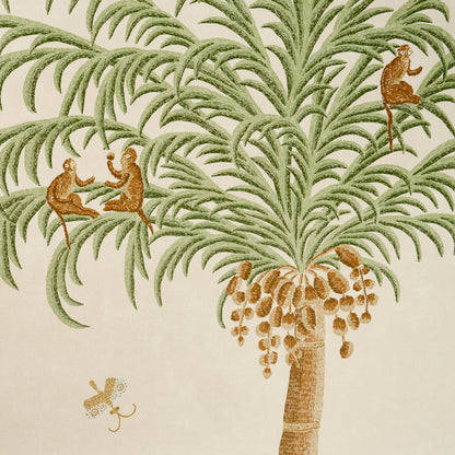 Beige tropical wallpaper featuring green palm fronds and playful brown monkeys.