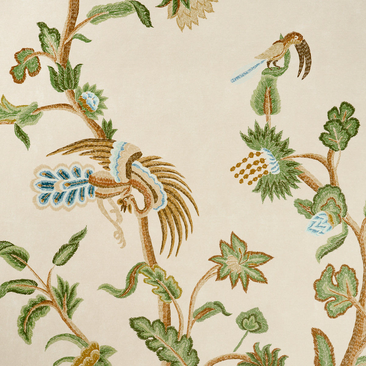 Beige botanical pattern with green leaves, brown branches, and blue-yellow birds in a vintage textile style.