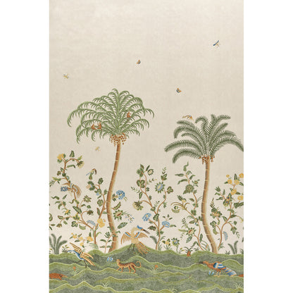Pastel tropical landscape with two palm trees, flowering vines, small animals, & a winding river.