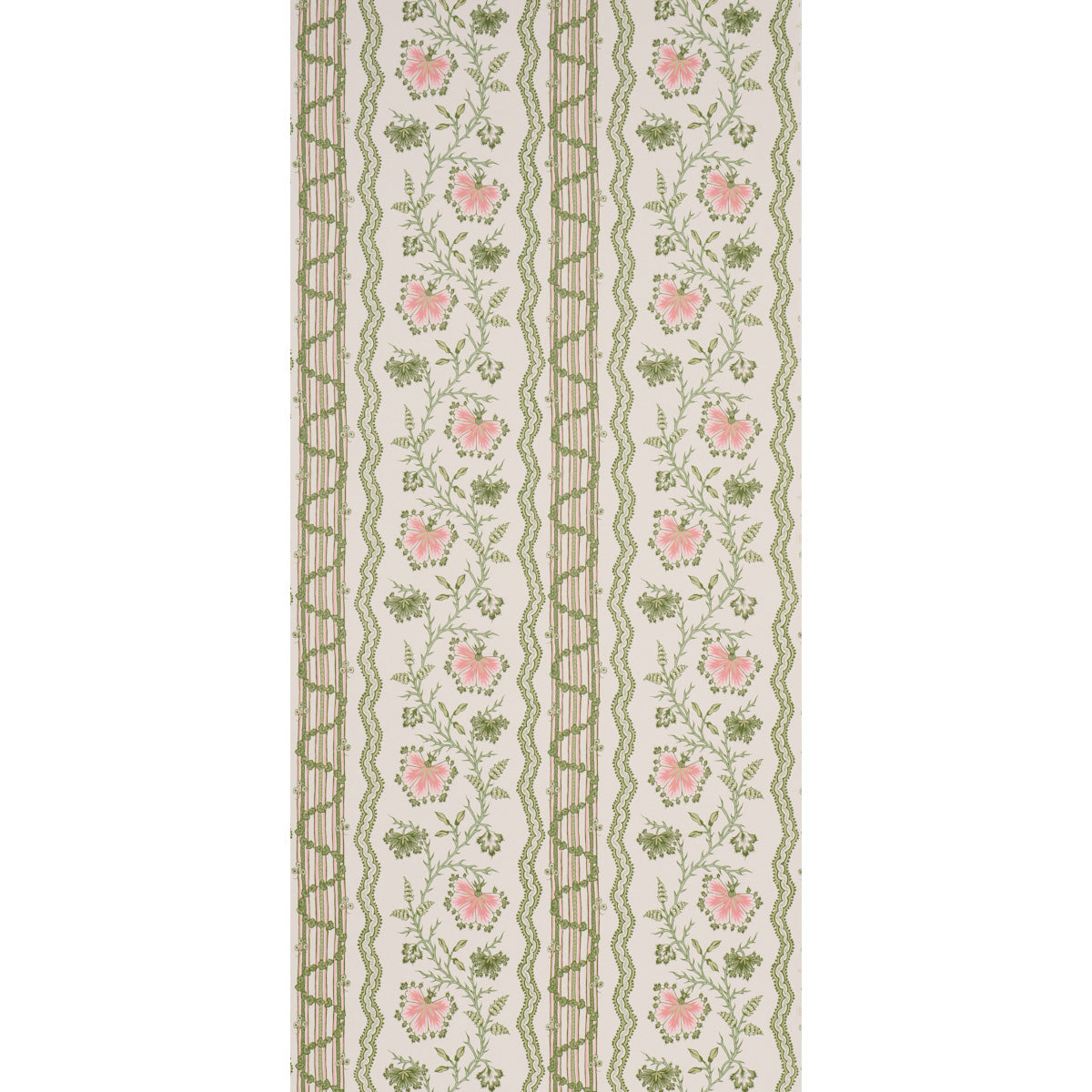 Beige decorative border fabric featuring pink roses and green vines with alternating lattice and wavy stripe patterns.