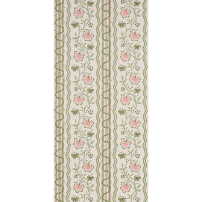 Beige decorative border fabric featuring pink roses and green vines with alternating lattice and wavy stripe patterns.