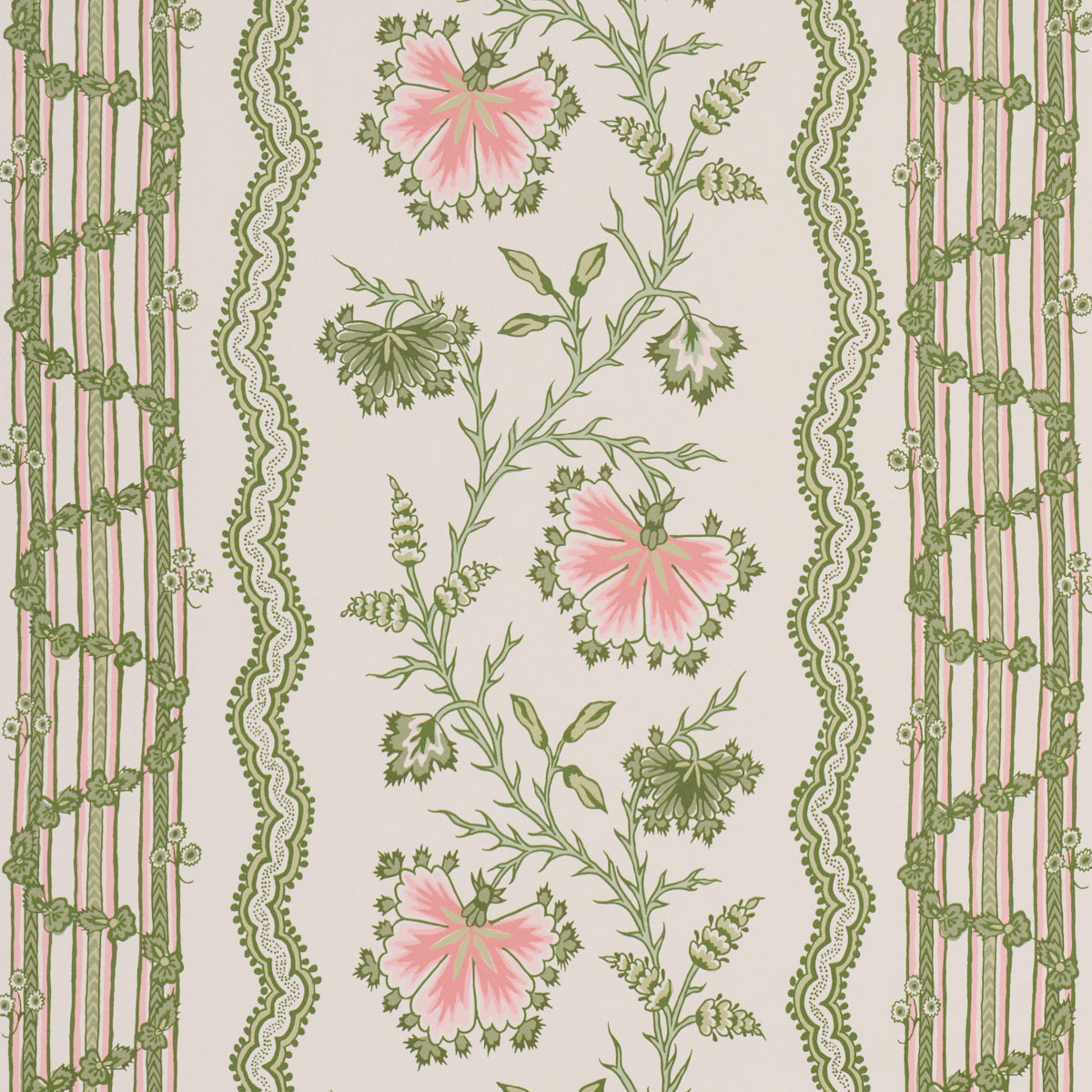 Vintage botanical wallpaper pattern with pink flowers and green vines on beige, framed by ornate green lace borders.
