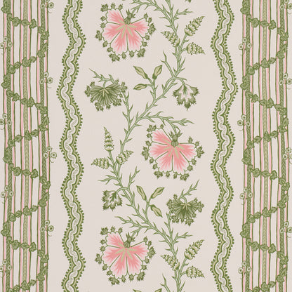 Vintage botanical wallpaper pattern with pink flowers and green vines on beige, framed by ornate green lace borders.