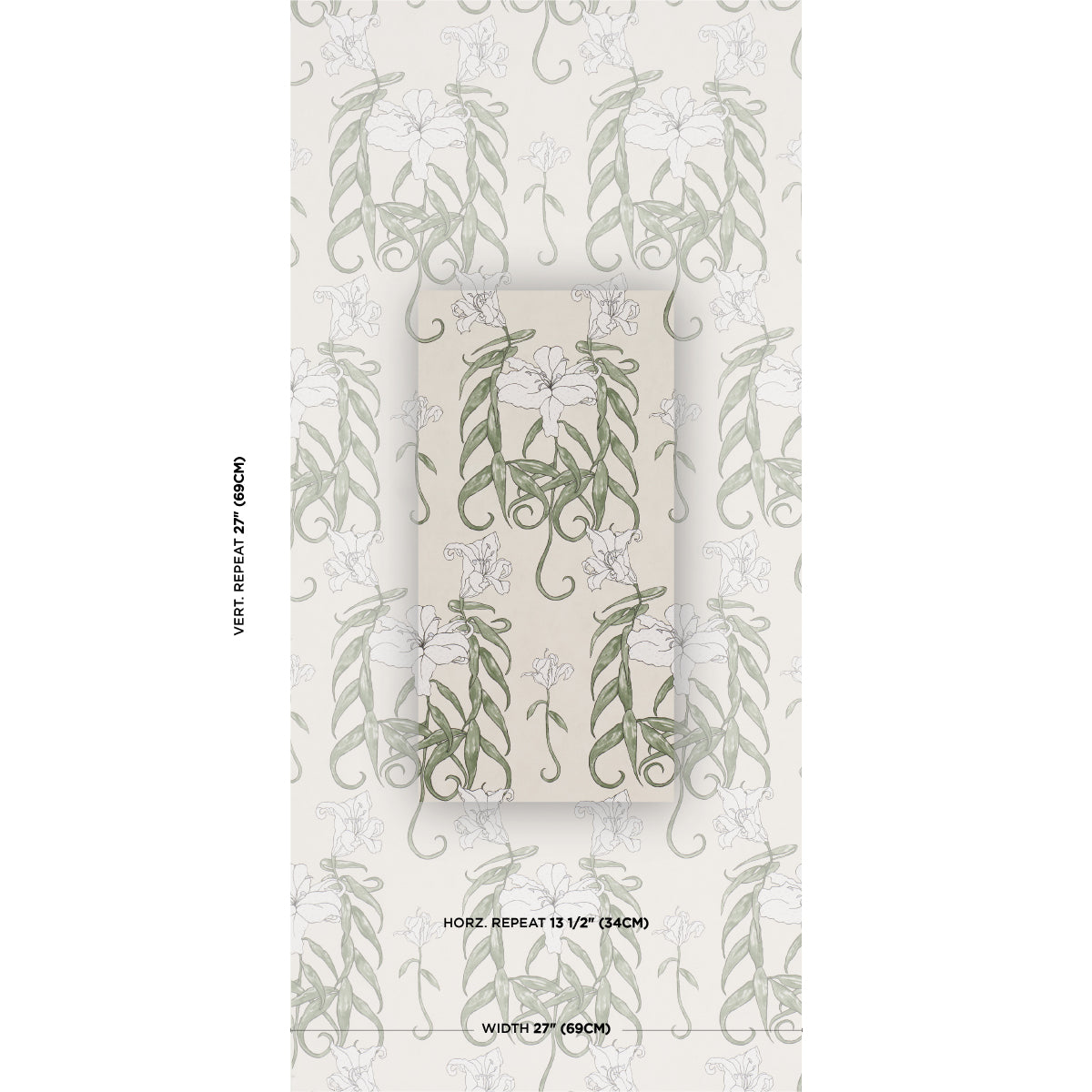 Beige wallpaper with repeating gray-green ivy vines and pale flowers in vertical botanical pattern.