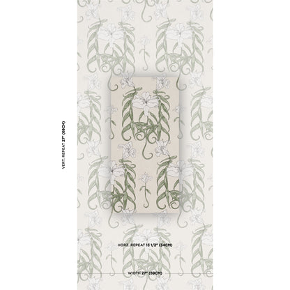 Beige wallpaper with repeating gray-green ivy vines and pale flowers in vertical botanical pattern.