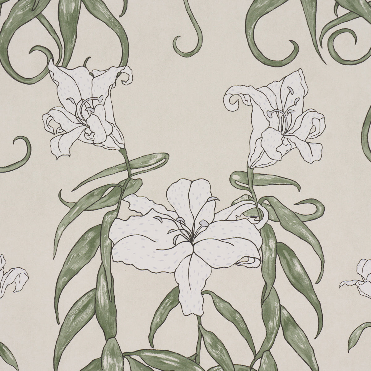 Beige botanical pattern featuring white iris flowers with twisting green leaves and stems.