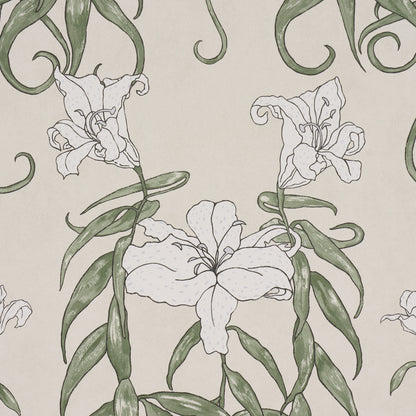 Beige botanical pattern featuring white iris flowers with twisting green leaves and stems.