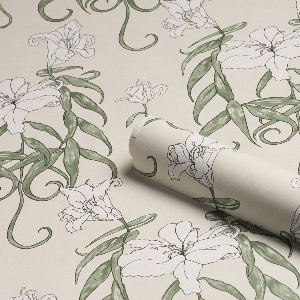 Off-white wallpaper featuring green vine leaves and white outlined flowers; rolled botanical pattern sample.