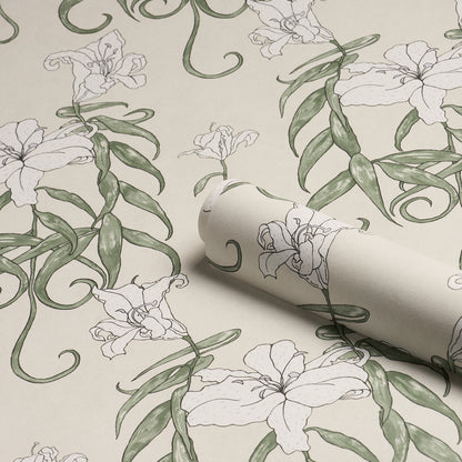 Off-white wallpaper featuring green vine leaves and white outlined flowers; rolled botanical pattern sample.