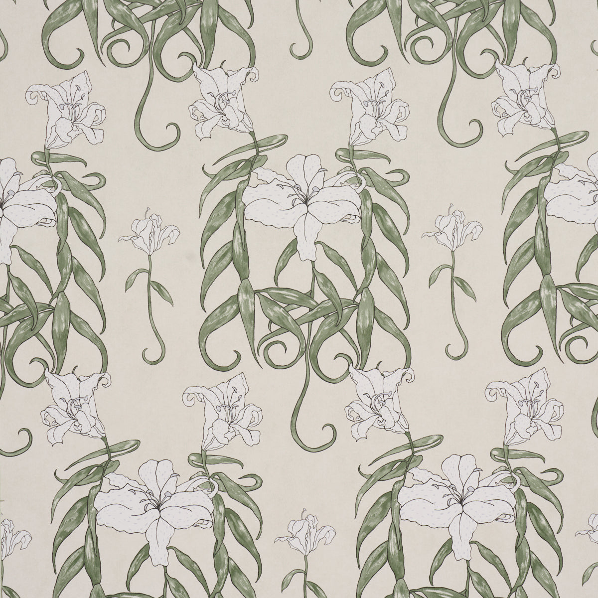 Beige wallpaper featuring green twisting vines and pale white irises in a repeating botanical pattern.