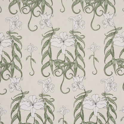 Beige wallpaper featuring green twisting vines and pale white irises in a repeating botanical pattern.