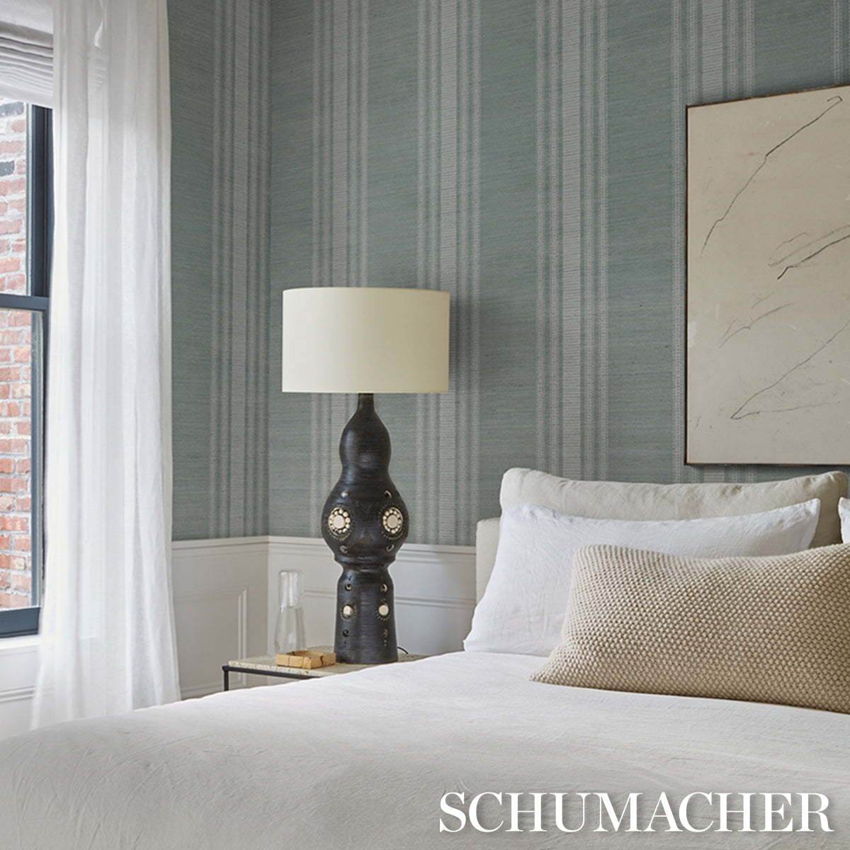 SCHUMACHER  PATTERSON FLYNN CASSIA SILK STRIPE WALLCOVERING   Sky   - 5017452