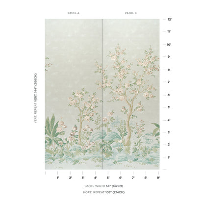 Two-panel botanical wallpaper (Panel A & Panel B) with pastel background, pink flowering trees and green ferns.