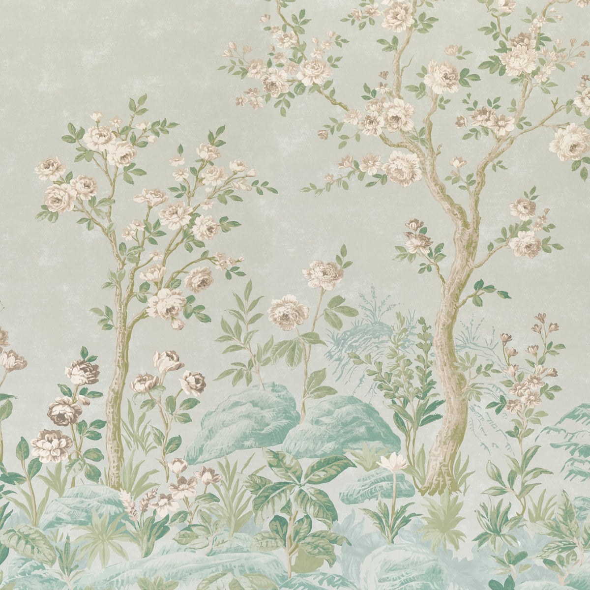 Pastel floral wallpaper with blossoming trees, soft greens, peach blossoms, on a pale blue background.
