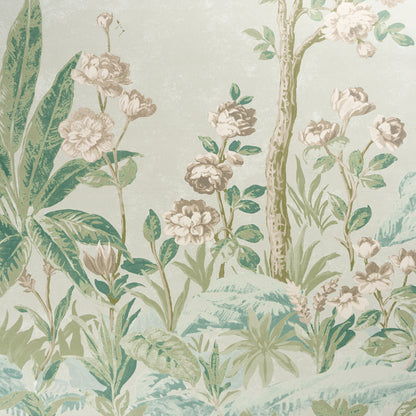 Pastel botanical wallpaper with cream roses, fern-like leaves, and soft greens in a vintage garden print.
