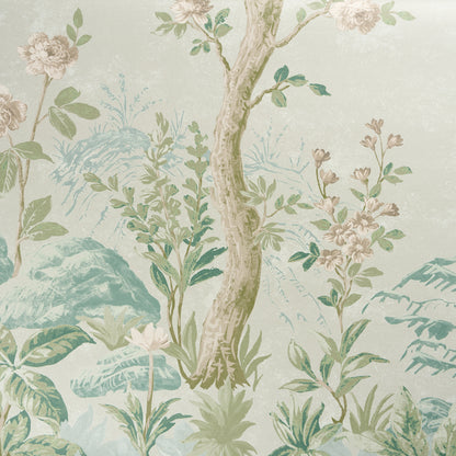 Pastel botanical wallpaper with slender tree trunks, leafy plants, and pale pink blossoms against a soft mountain backdrop.