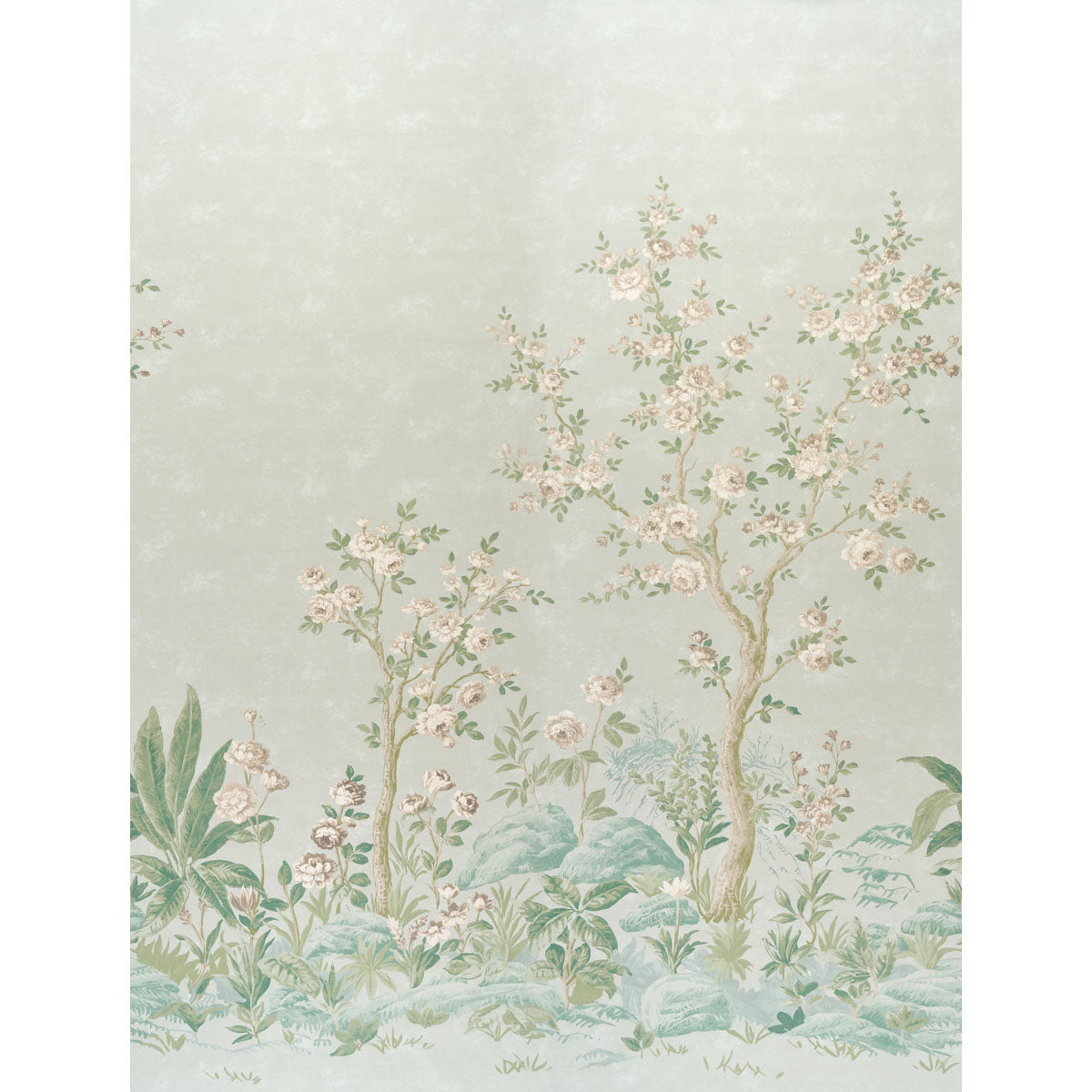 Pastel botanical wallpaper with flowering trees and lush foliage on a pale blue backdrop.