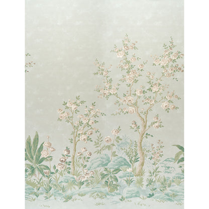 Pastel botanical wallpaper with flowering trees and lush foliage on a pale blue backdrop.