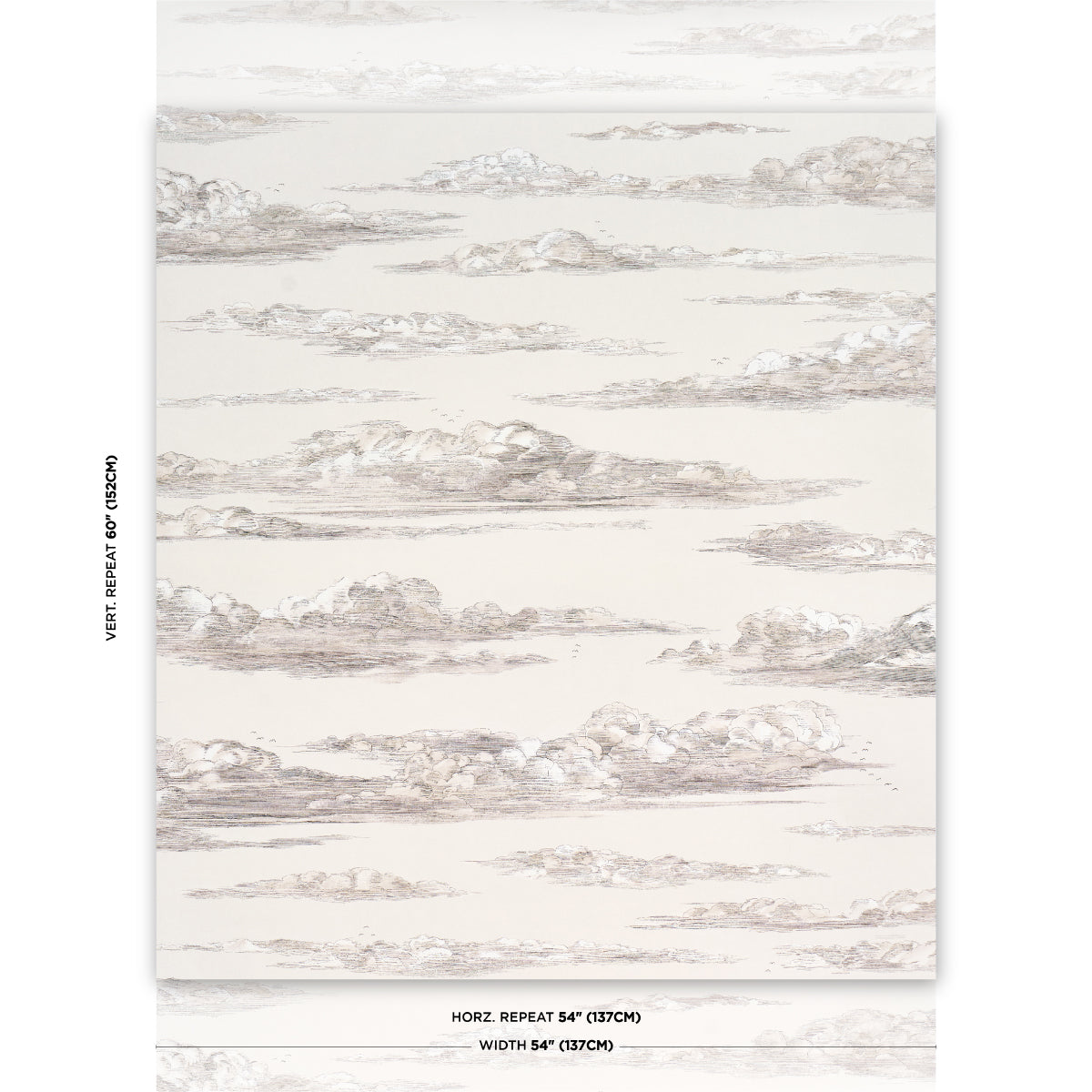 Cream wallpaper with taupe cloud pattern; soft sky motif, 54" wide roll with 54" horizontal repeat