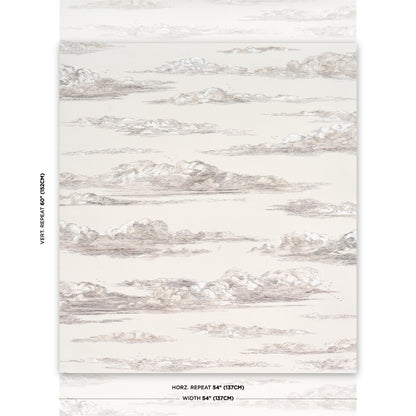Cream wallpaper with taupe cloud pattern; soft sky motif, 54" wide roll with 54" horizontal repeat