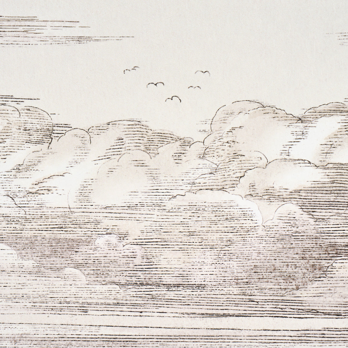Sepia-toned cloudscape line drawing with birds; vintage-style wall art print.