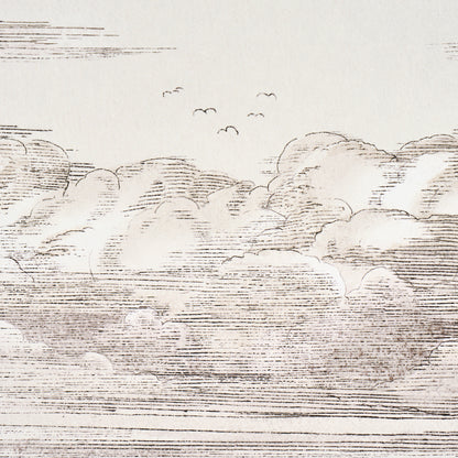 Sepia-toned cloudscape line drawing with birds; vintage-style wall art print.