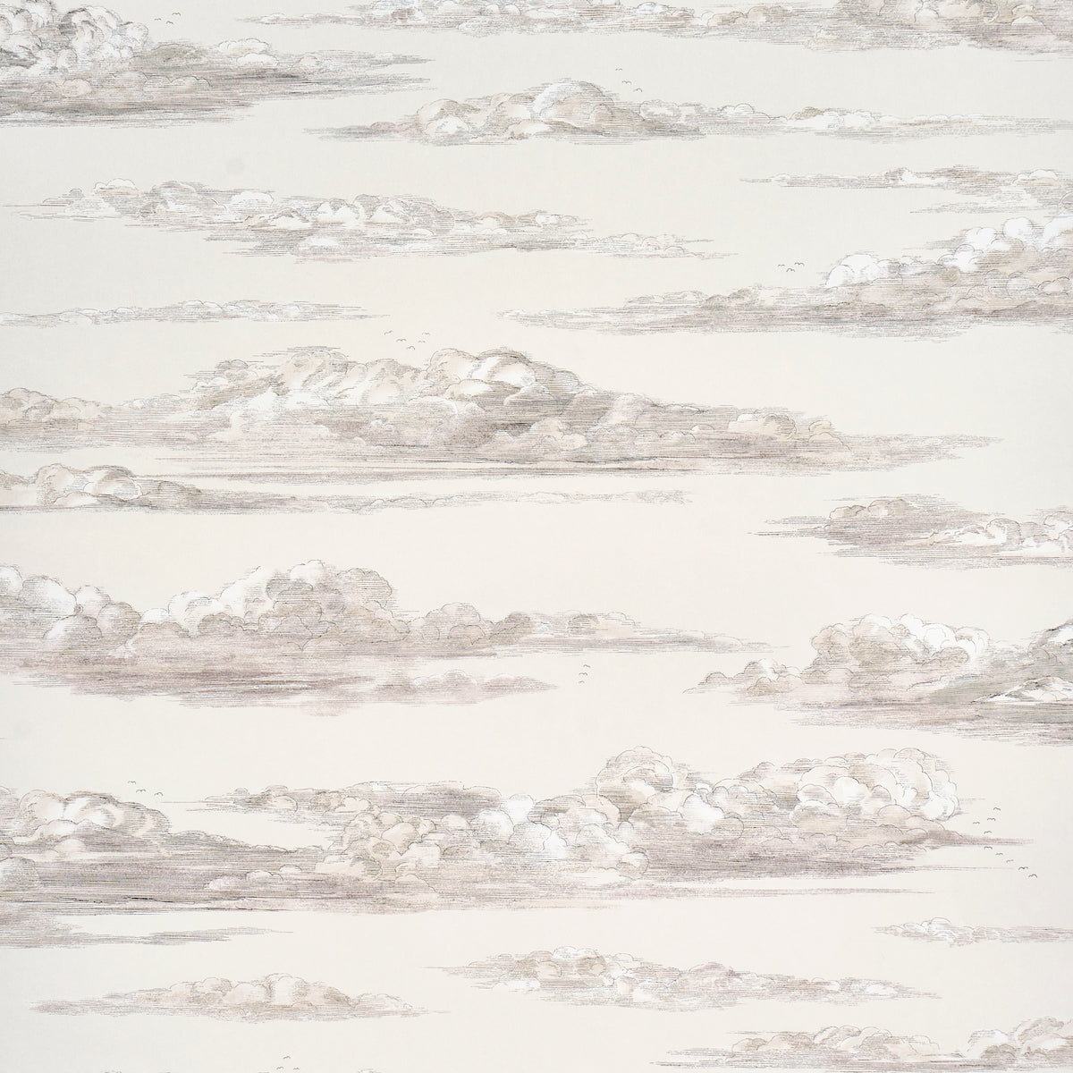 Beige wallpaper with soft gray cloud motifs in a subtle, repeating horizontal pattern.