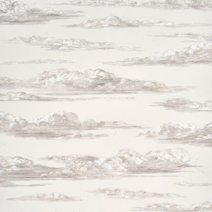 Beige wallpaper with soft gray cloud motifs in a subtle, repeating horizontal pattern.