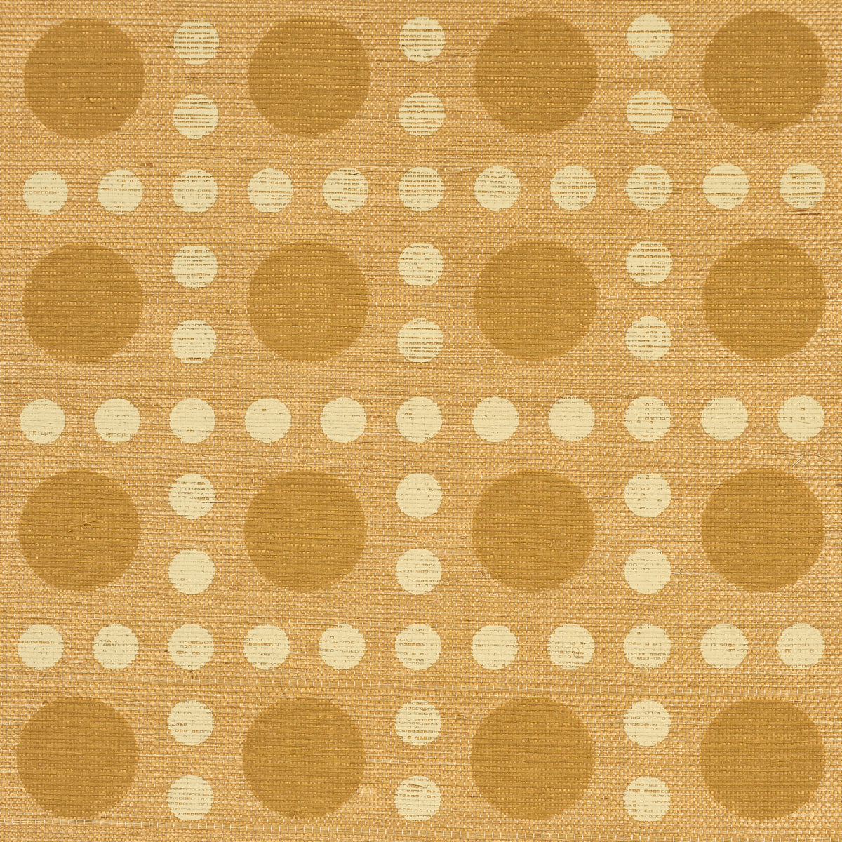 Textured tan wallpaper with repeating large golden-brown circles and small ivory dots.