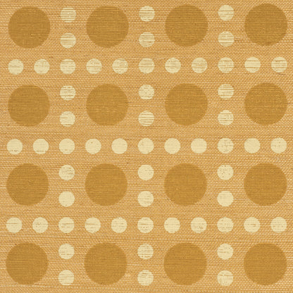 Textured tan wallpaper with repeating large golden-brown circles and small ivory dots.