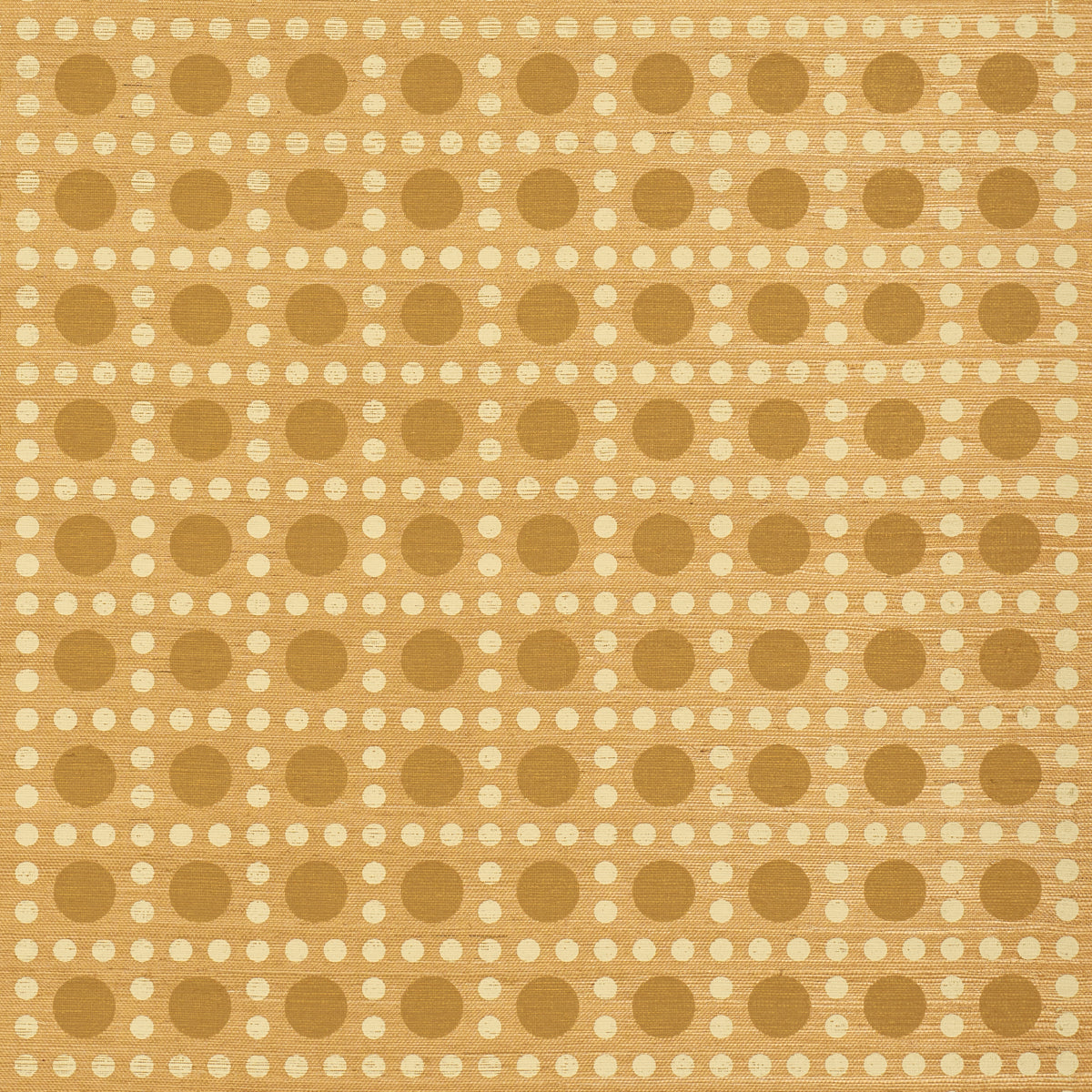 Beige fabric pattern of brown circles arranged in a grid with white dotted lines connecting them in a retro geometric motif