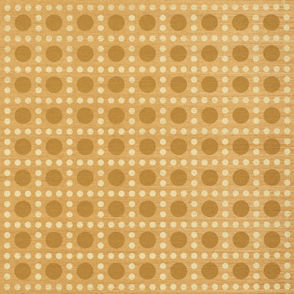 Beige fabric pattern of brown circles arranged in a grid with white dotted lines connecting them in a retro geometric motif