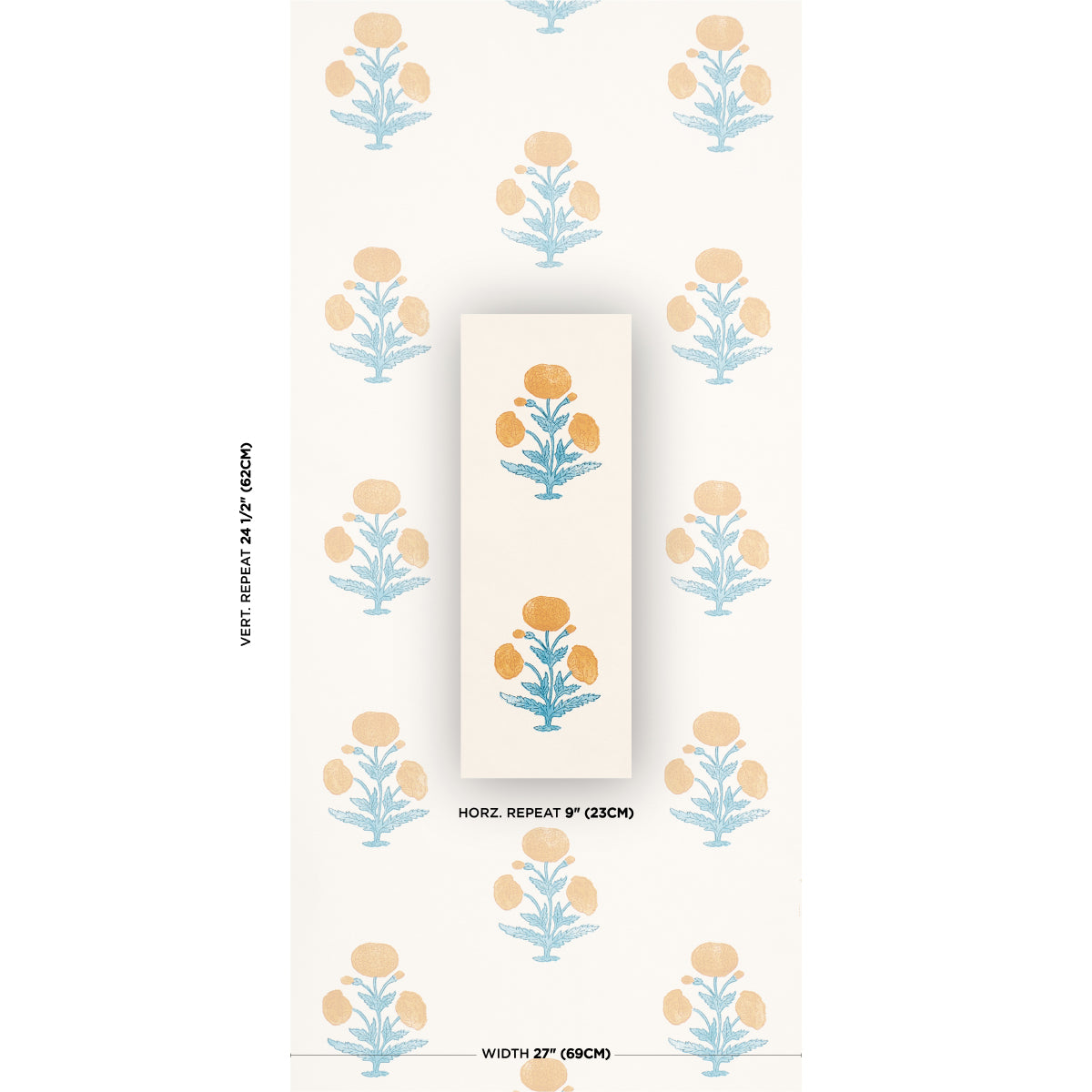 Cream wallpaper with light blue botanical stems and peach-orange blossoms in a repeating pattern; sample card in center.