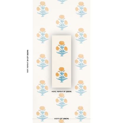 Cream wallpaper with light blue botanical stems and peach-orange blossoms in a repeating pattern; sample card in center.