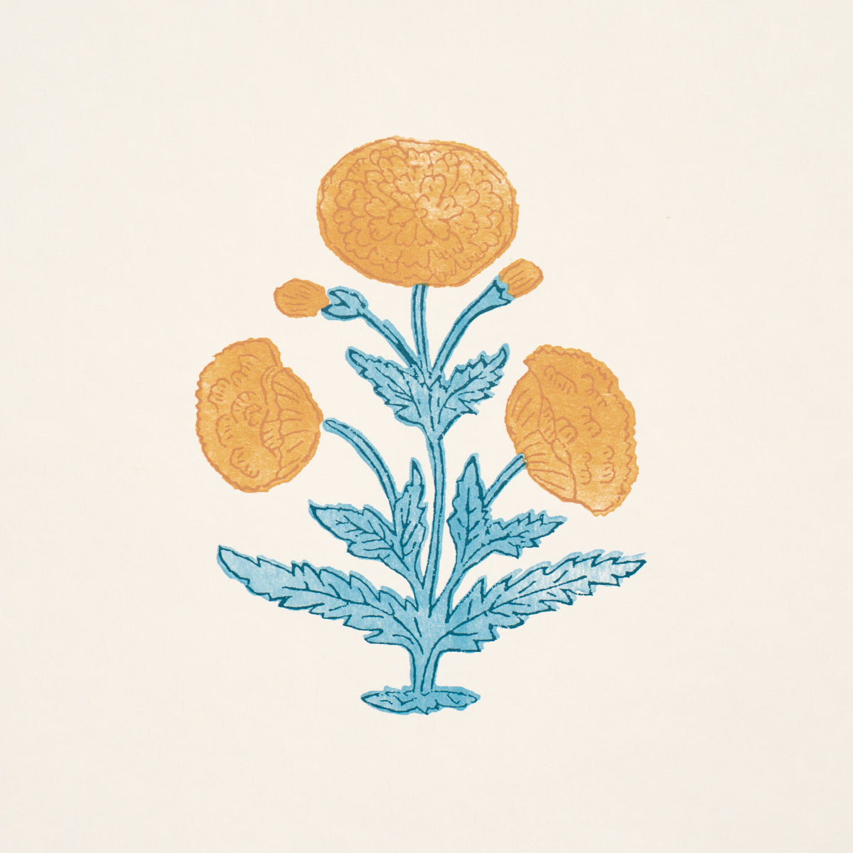 Poppy print with mustard yellow and sky blue flowers on a cream background.