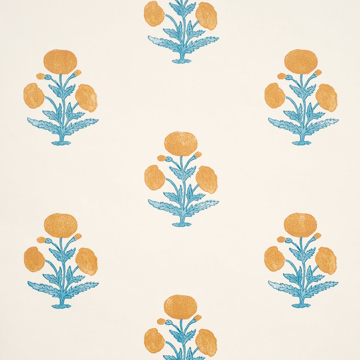 Beige wallpaper with blue stylized plant stems and orange round blossoms in a repeating vintage botanical pattern.