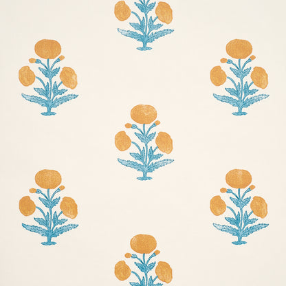 Beige wallpaper with blue stylized plant stems and orange round blossoms in a repeating vintage botanical pattern.