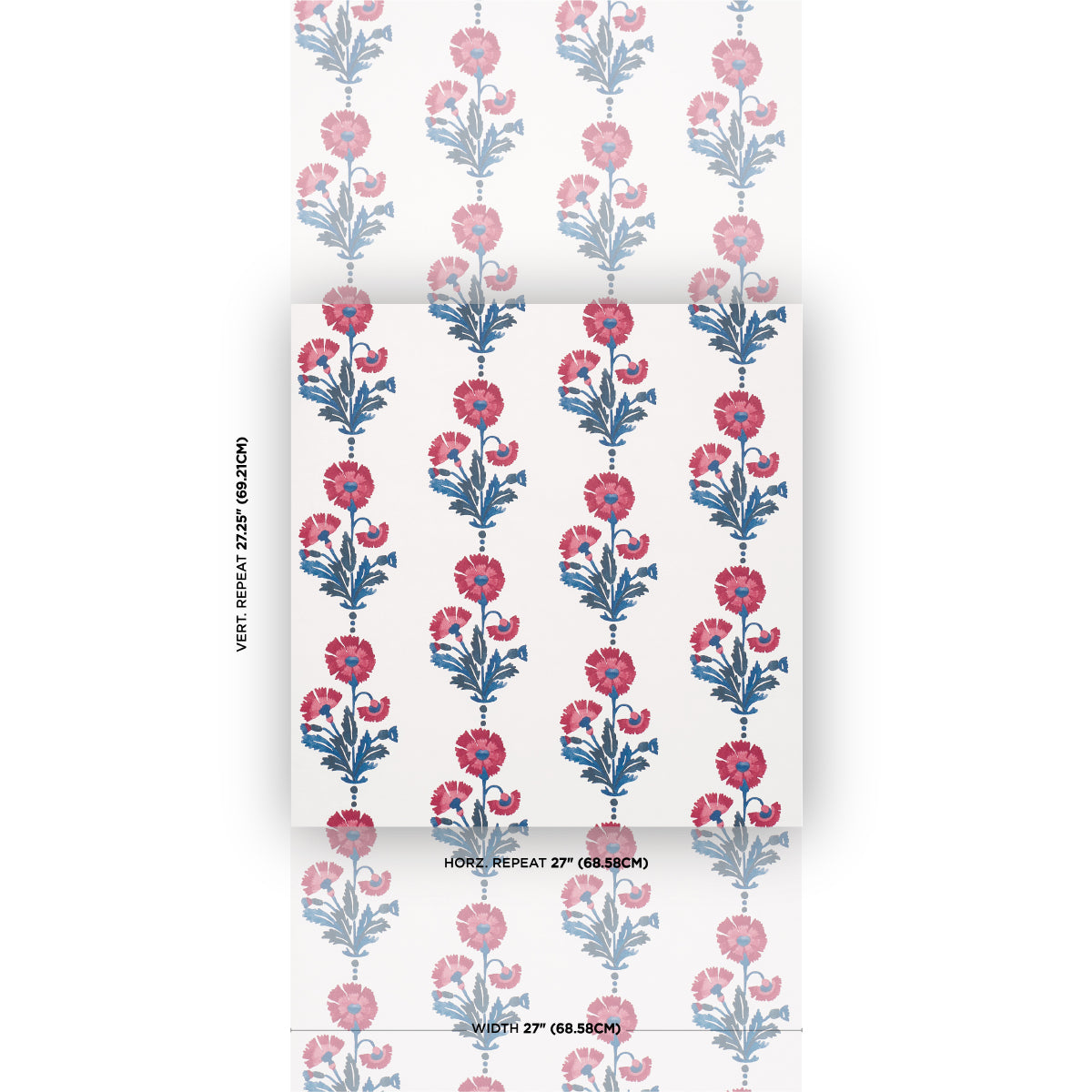 Pink floral pattern with blue stems in vertical repeating columns on white wallpaper roll.