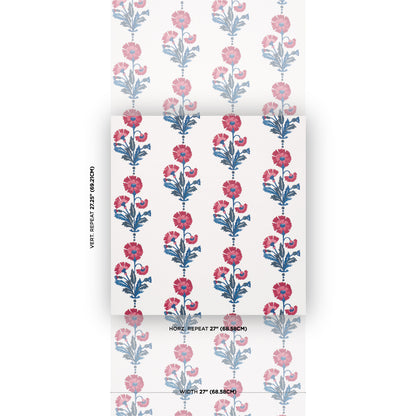 Pink floral pattern with blue stems in vertical repeating columns on white wallpaper roll.