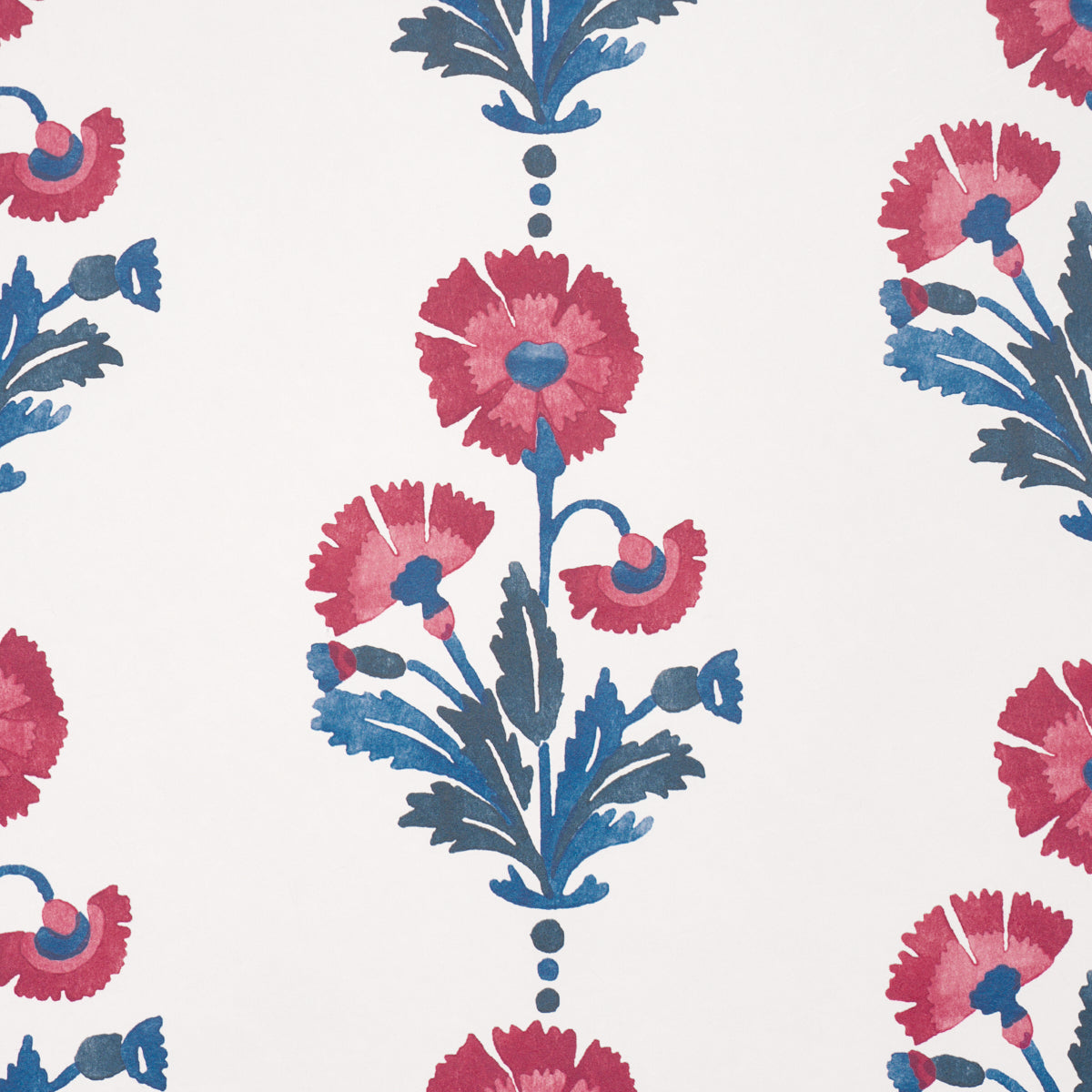 White wallpaper with vertical blue stems and pink-red flowers in a bold botanical repeating pattern.