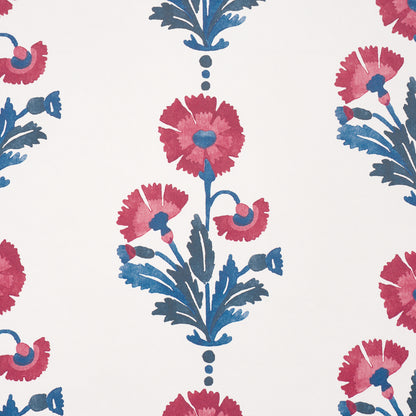 White wallpaper with vertical blue stems and pink-red flowers in a bold botanical repeating pattern.