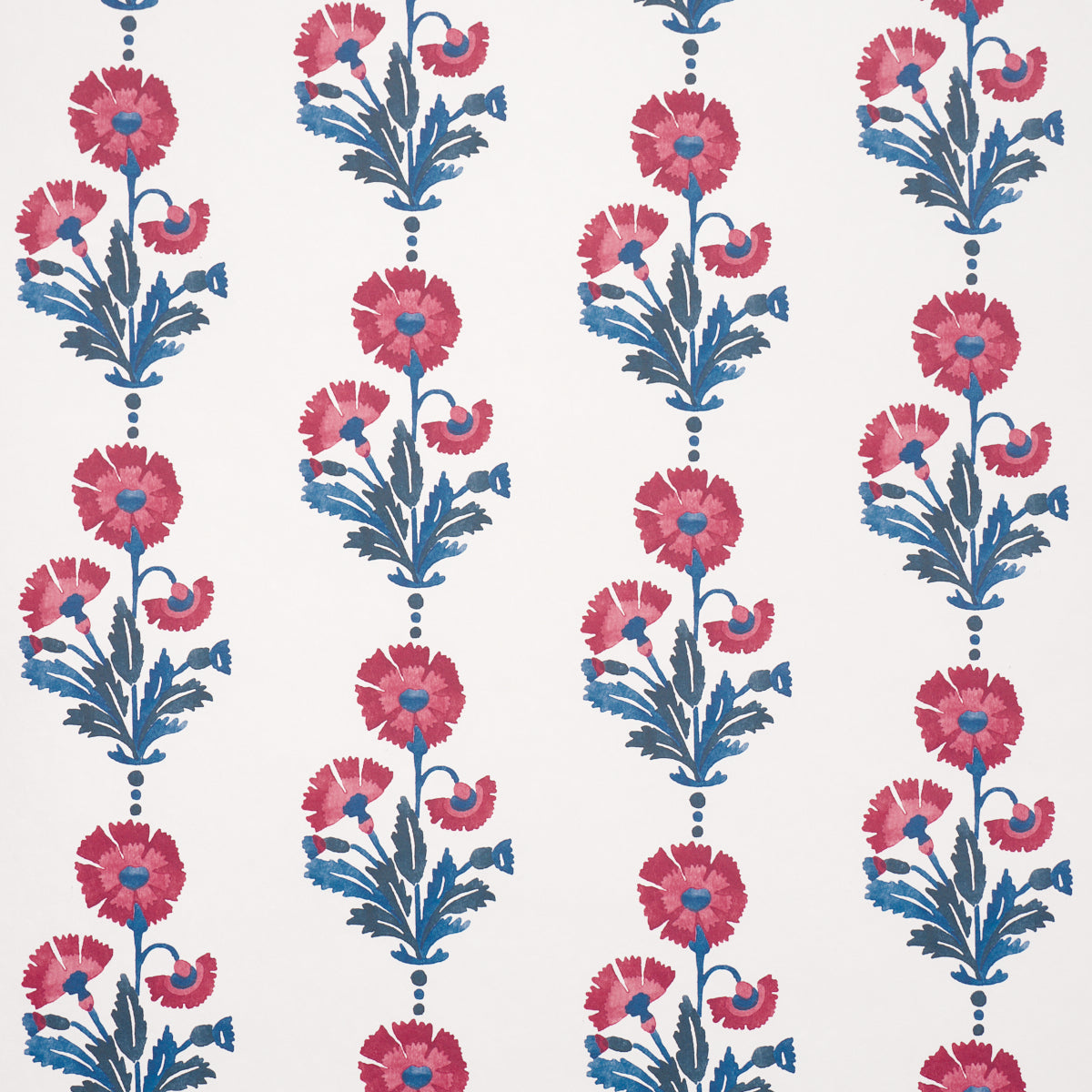 Blue floral wallpaper with pink blossoms on white background; vertical stems & leaves in a repeating pattern.