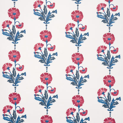 Blue floral wallpaper with pink blossoms on white background; vertical stems & leaves in a repeating pattern.