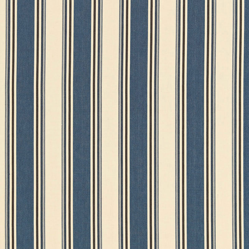 Vertical navy and cream stripes with thin accent lines; nautical textile pattern for upholstery or wallpaper.