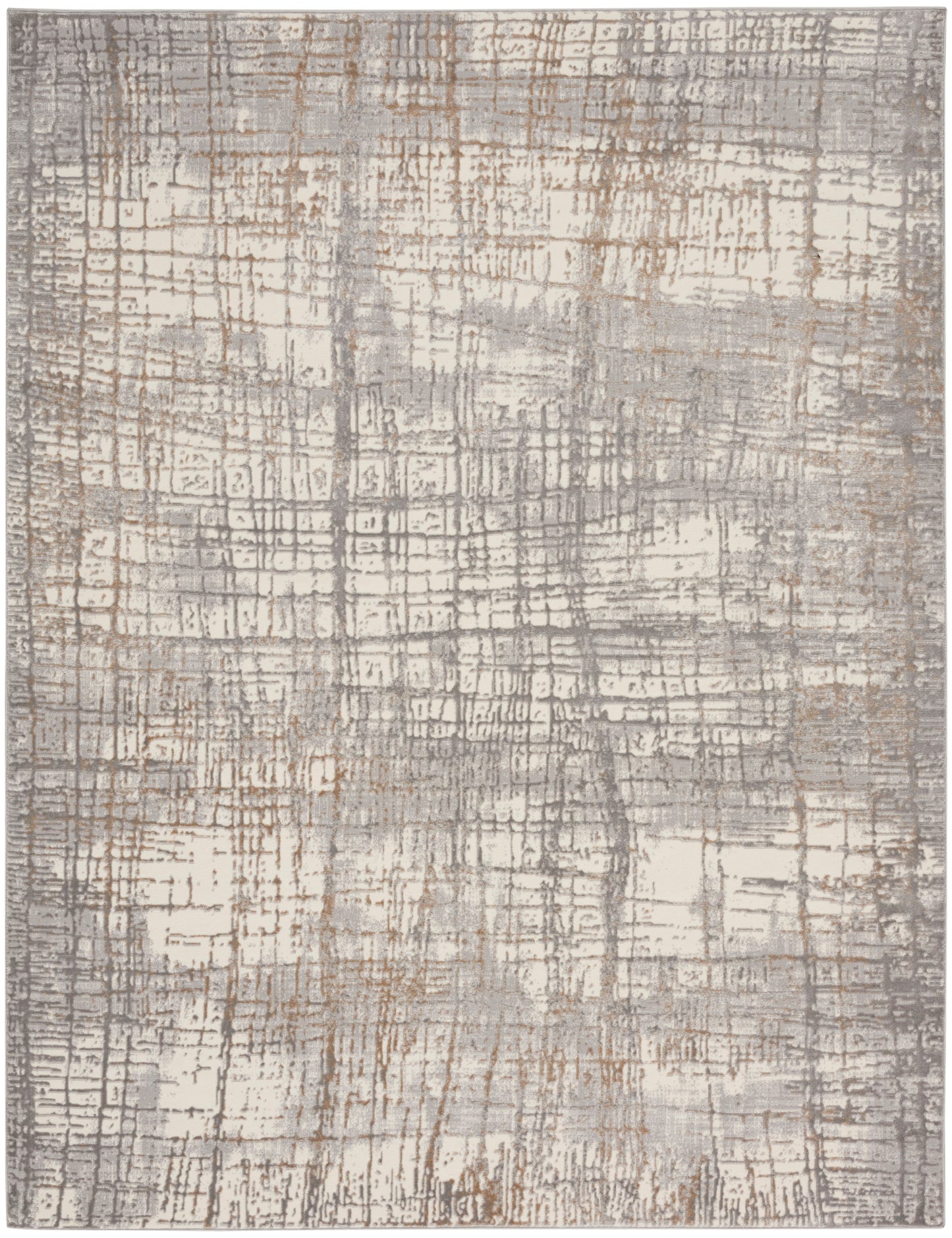 Abstract distressed area rug with a beige cream base and gray-taupe grid lines.