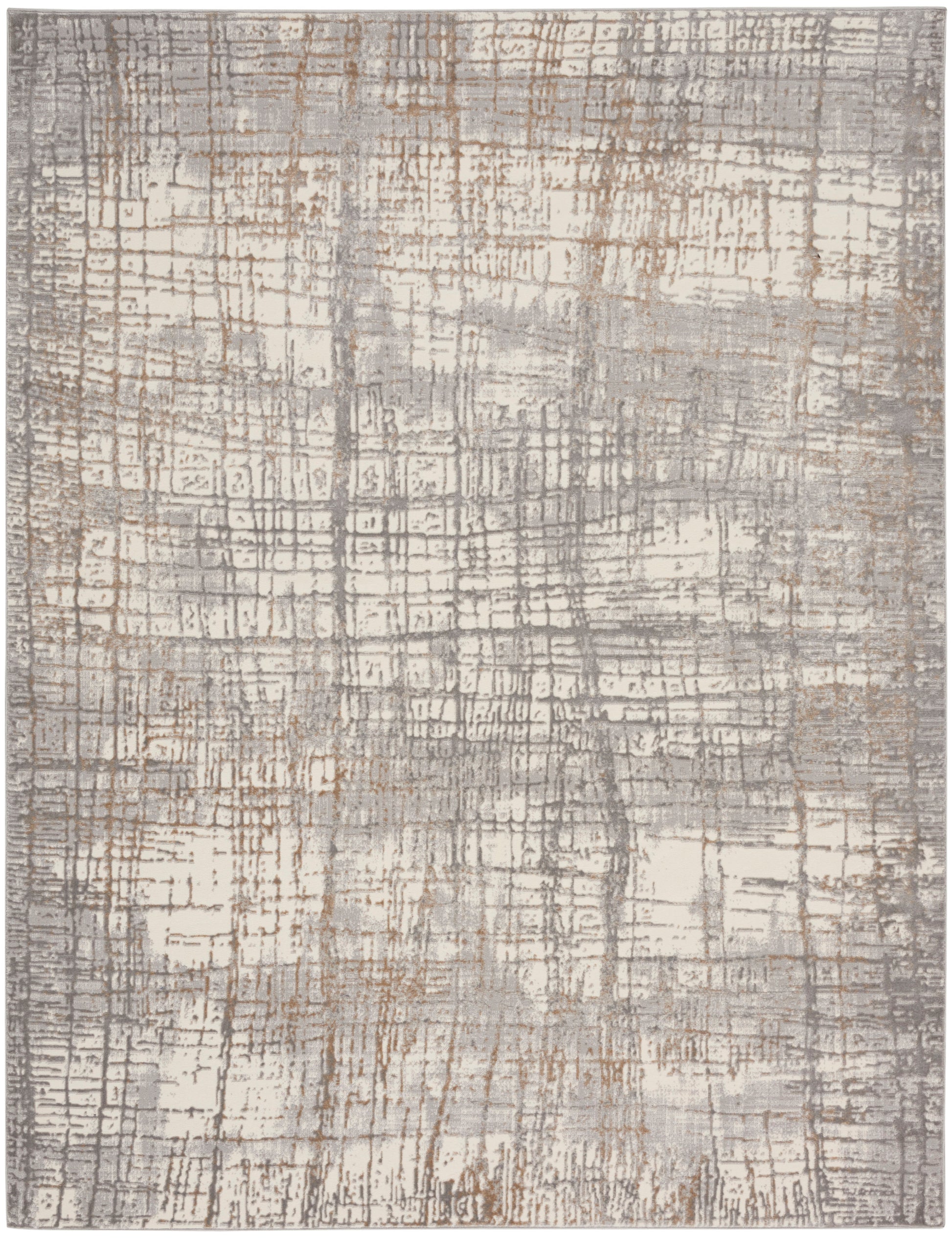 Abstract distressed area rug with a beige cream base and gray-taupe grid lines.