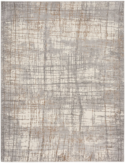 Abstract distressed area rug with a beige cream base and gray-taupe grid lines.