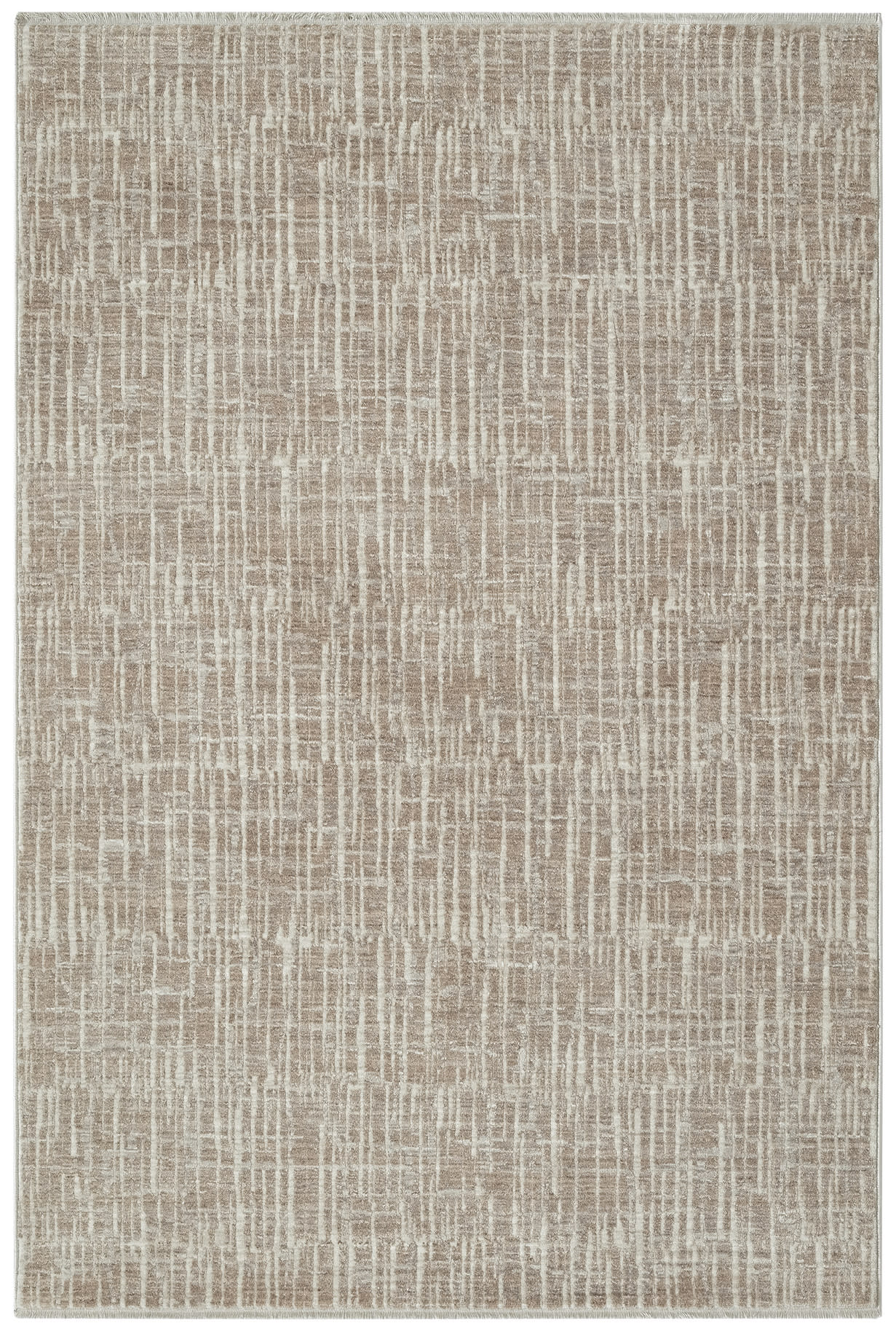 Beige rectangular area rug with ivory linear grid pattern and soft, textured finish.