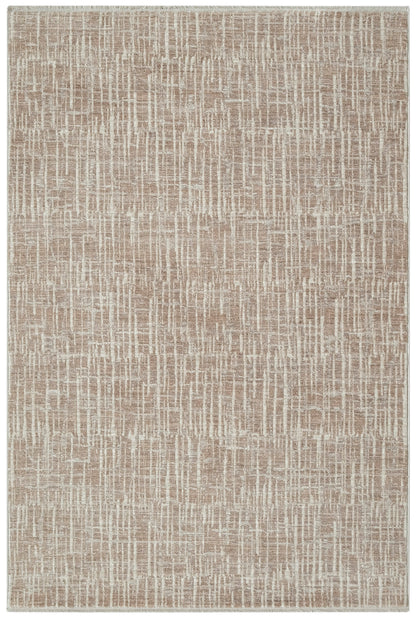 Beige rectangular area rug with ivory linear grid pattern and soft, textured finish.